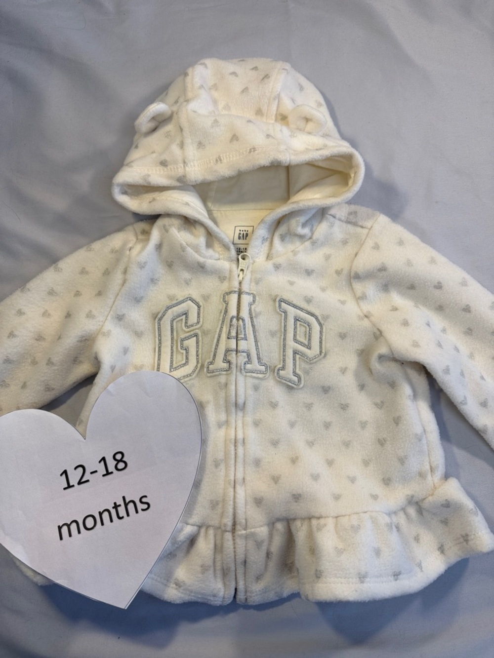 GAP White Baby fleece Hooded Jacket with ruffle hem